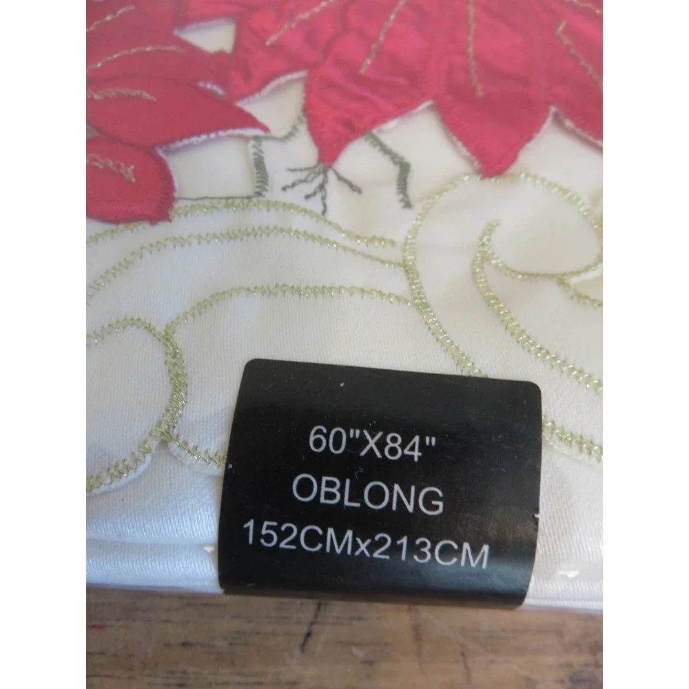 Home Wear Holiday Cutwork Poinsettia Trio Tablecloth‎ 60x84 Oblong Ivory Red NEW